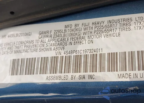 2009 Subaru Outback 2.5I from USA, damaged, VIN 4S4BP61C197324011